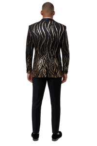 Black  Prom Tuxedo Suit - Black Wedding Suit - Mens Square Shawl Lapel Black & Gold Sequin Prom Tuxedo Jacket