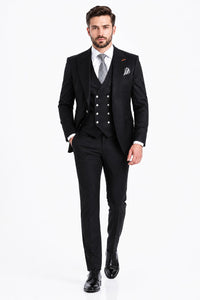 Men's Black Statement Ticket Pocket Peak Lapel Wool Double Breasted Vest Suit with Silver Buttons – Modern Fit