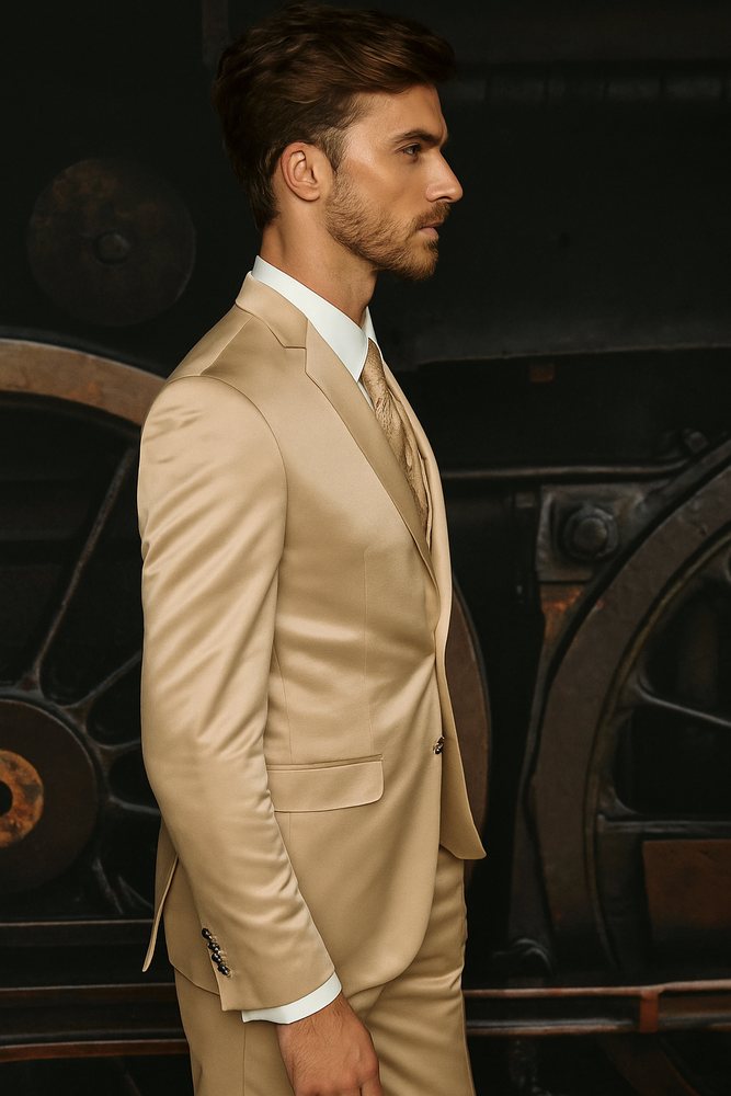 Mens Shiny Blazer - Tan Sateen Vested Suit