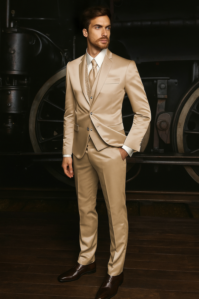 Mens Shiny Blazer - Tan Sateen Vested Suit