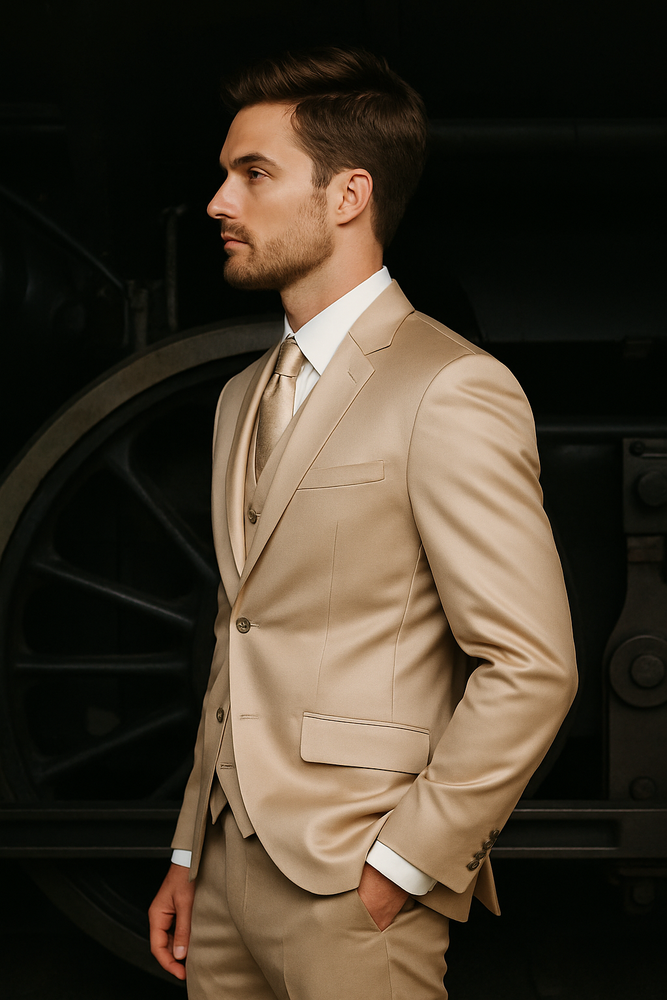 Mens Shiny Blazer - Tan Sateen Vested Suit