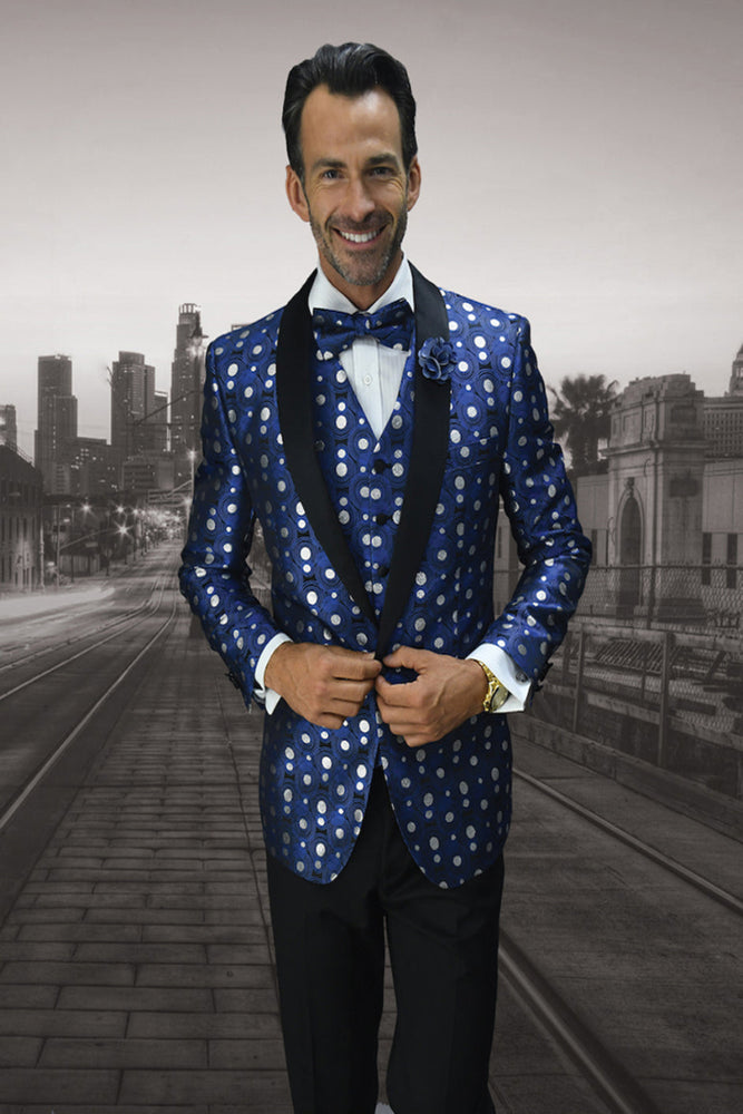 Mens Vested Polka Dot Tuxedo in Royal