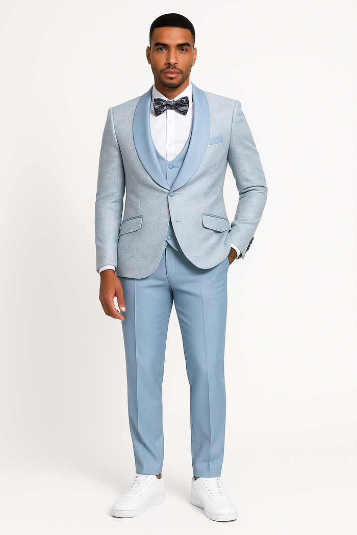 2024 Prom Special Blue Tuxedo Suit w/ Double-Breasted Vest by Tazzio