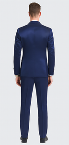 Tazzio Men's Formal Blue Satin Slim Fit 3 Piece Suit with Peak Lapel Jacket and Double Breasted Vest