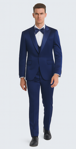 Tazzio Men's Formal Blue Satin Slim Fit 3 Piece Suit with Peak Lapel Jacket and Double Breasted Vest