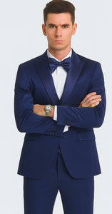 Tazzio Men's Formal Blue Satin Slim Fit 3 Piece Suit with Peak Lapel Jacket and Double Breasted Vest