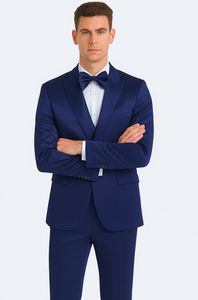 Tazzio Men's Formal Blue Satin Slim Fit 3 Piece Suit with Peak Lapel Jacket and Double Breasted Vest
