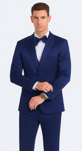 Tazzio Men's Formal Blue Satin Slim Fit 3 Piece Suit with Peak Lapel Jacket and Double Breasted Vest