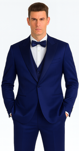 Tazzio Men's Formal Blue Satin Slim Fit 3 Piece Suit with Peak Lapel Jacket and Double Breasted Vest
