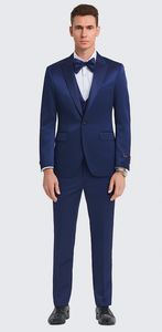 Tazzio Men's Formal Blue Satin Slim Fit 3 Piece Suit with Peak Lapel Jacket and Double Breasted Vest