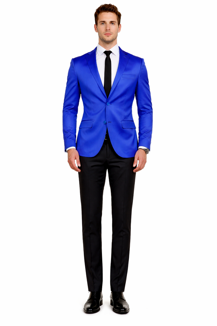 Men’s Slim Fit Blue Satin Blazer – Elegant Two-Button Formal Suit Jacket for Weddings, in blue Color
