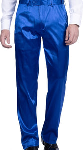 Mens Shiny Stretch Pants Solid Color Slim Fit Sateen Flashy Metallic Slacks in Color "Blue"