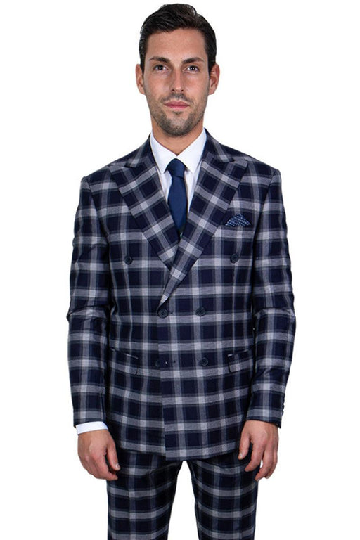 Bold Navy Men's Stacy Adams Double-Breasted Suit in Windowpane Plaid - USA Men's Outlet