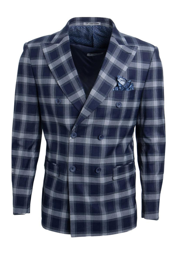 Bold Navy Men's Stacy Adams Double-Breasted Suit in Windowpane Plaid - USA Men's Outlet