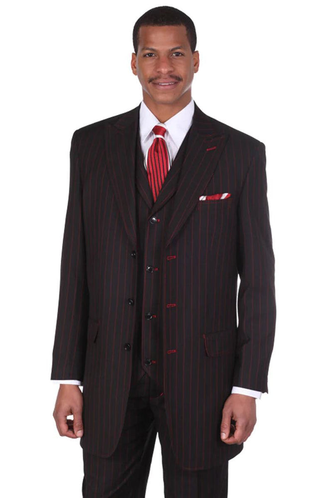 Bold Pinstripe Mens Suit – Vintage Gangster Vested by Fortino Landi - USA Men's Outlet