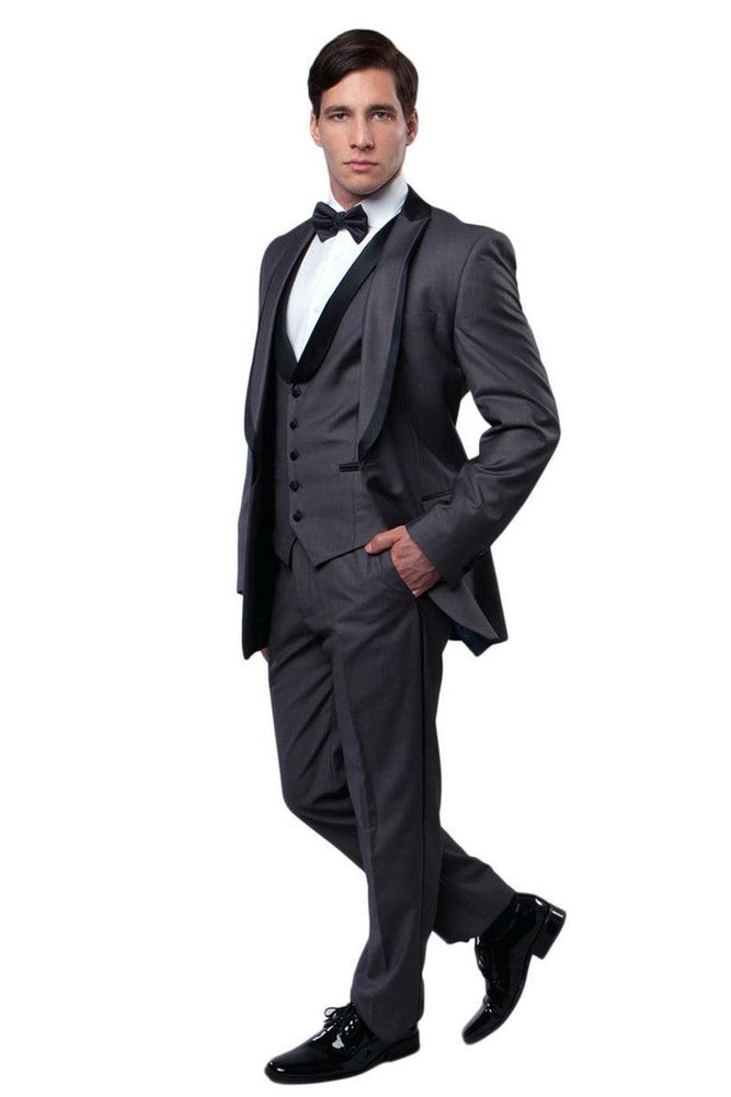 "Bryan Michaels Charcoal Grey Satin-Trimmed Tuxedo with Peak Lapel Vesting" - USA Men's Outlet