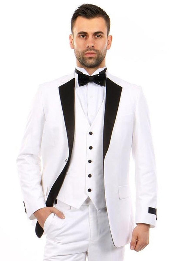 "Bryan Michaels Men's Black & White Slim Fit Vested Tuxedo" - USA Men's Outlet