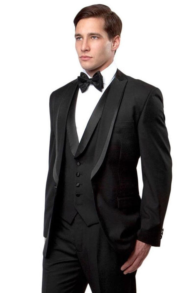 Bryan Michaels Men's Black Satin-Trimmed Vested Tux with Peak Lapel - USA Men's Outlet