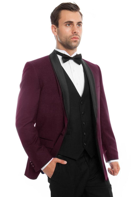 Bryan Michaels Men's Burgundy Tuxedo w/Satin Shawl Lapel & One Button Vested - USA Men's Outlet