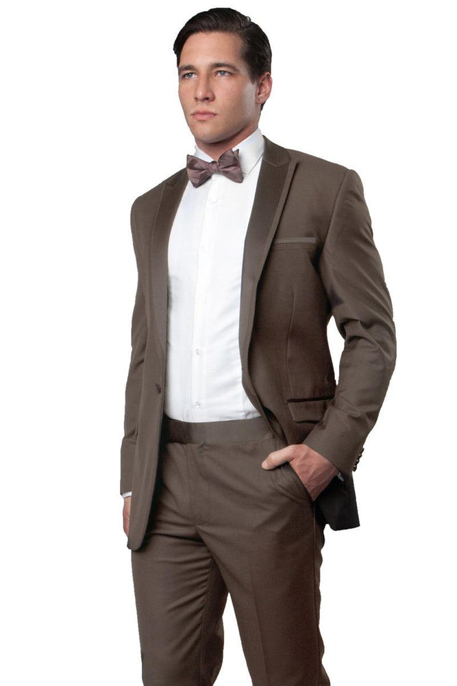 "Bryan Michaels Men's Champagne Slim Fit Tuxedo w/ Satin Peak Lapel Trim" - USA Men's Outlet