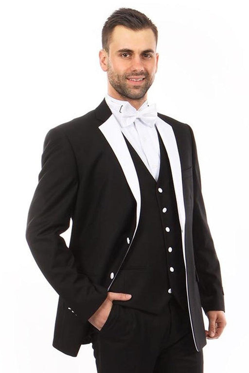 Bryan Michaels Men's Classic Black & White Notch Tuxedo Vested Suit - USA Men's Outlet