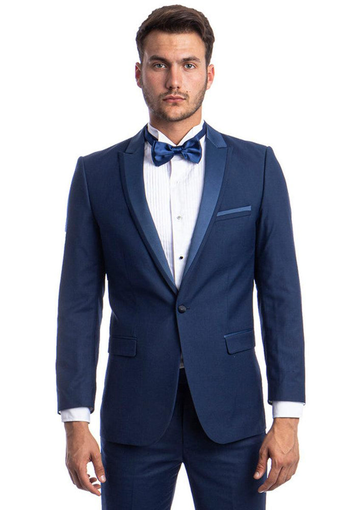 Bryan Michaels Men's Cobalt Blue Tuxedo - Slim Fit, One Button, Satin-Trimmed Peak Lapel - USA Men's Outlet