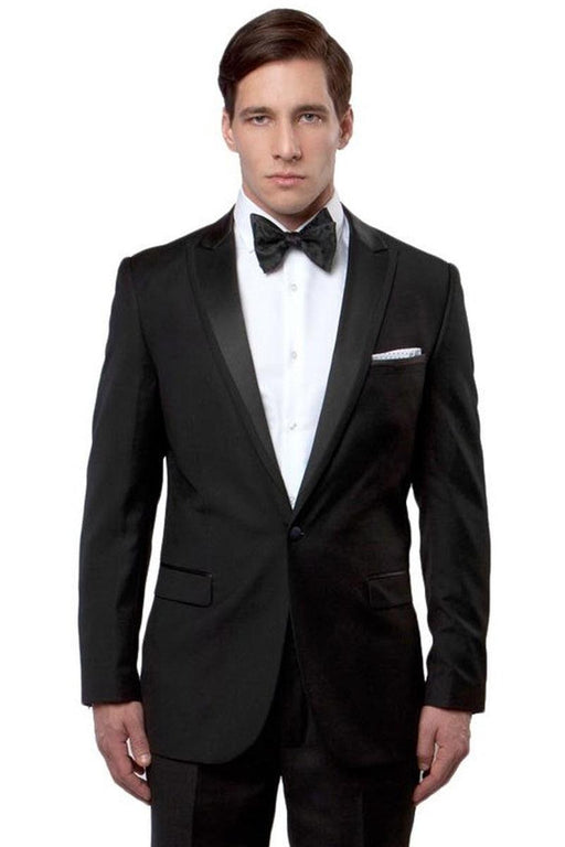 Bryan Michaels Men's Trim-Fit Satin Peak Lapel Black Wedding Tuxedo - USA Men's Outlet