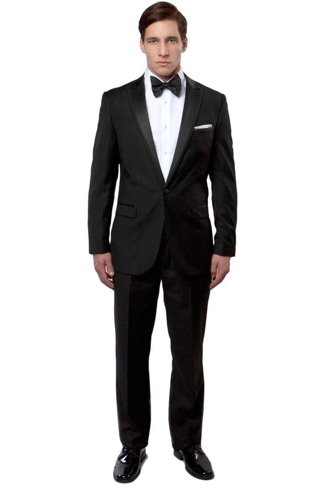 Bryan Michaels Men's Trim-Fit Satin Peak Lapel Black Wedding Tuxedo - USA Men's Outlet