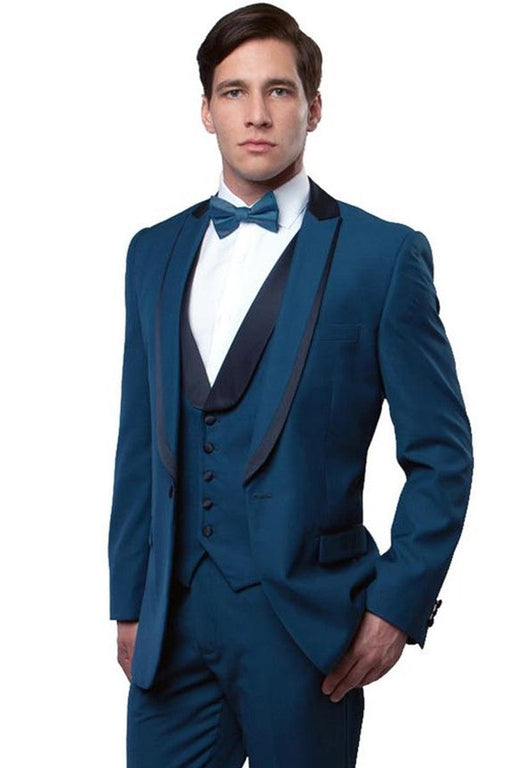 Bryan Michaels Teal Blue Vested Tuxedo w/ Satin-Trimmed Peak Lapel - USA Men's Outlet