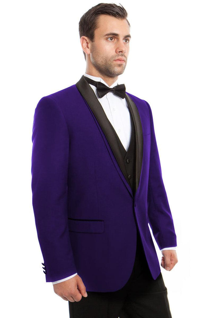 Bryan Michaels Unisex Purple Satin Trimmed Shawl Lapel Tuxedo w/ One Button Vest. - Elegant Mensattire