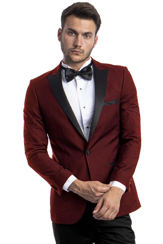 BryMichls Men's Burgundy Slim Fit Peak Lapel Wedding Tuxedo - USA Men's Outlet