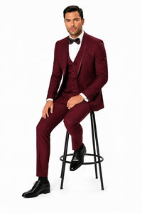 Maroon Prom Suit - Maroon Prom Tuxedo Suits - Maroon Wedding Tuxedo Mens One Button Satin Trim Shawl Tuxedo in Burgundy Wool