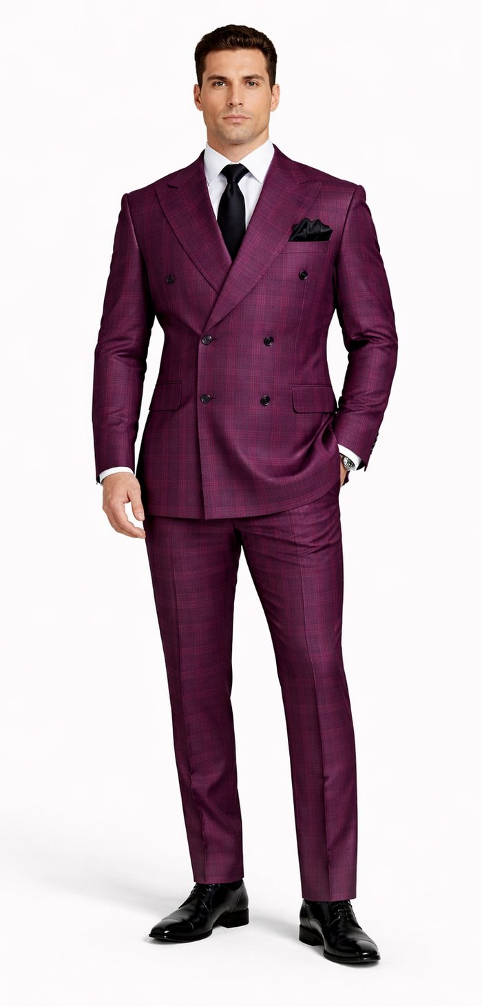 Rossiman Men’s Burgundy Windowpane Plaid Double-Breasted Suit