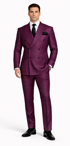 Rossiman Men’s Burgundy Windowpane Plaid Double-Breasted Suit