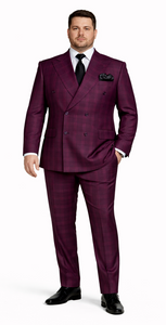 Rossiman Men’s Burgundy Windowpane Plaid Double-Breasted Suit