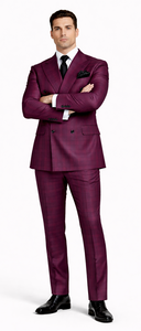 Rossiman Men’s Burgundy Windowpane Plaid Double-Breasted Suit