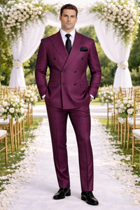 Rossiman Men’s Burgundy Windowpane Plaid Double-Breasted Suit