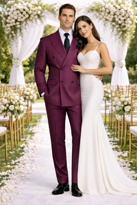 Rossiman Men’s Burgundy Windowpane Plaid Double-Breasted Suit