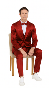 Tazzio Men's Formal Burgundy Satin Skinny Fit 3 Piece Suit with Peak Lapel Vest and Double Breasted Design