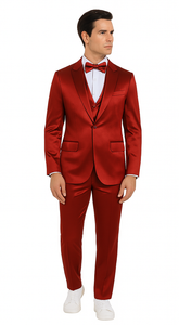 Tazzio Men's Formal Burgundy Satin Skinny Fit 3 Piece Suit with Peak Lapel Vest and Double Breasted Design