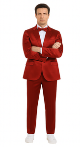 Tazzio Men's Formal Burgundy Satin Skinny Fit 3 Piece Suit with Peak Lapel Vest and Double Breasted Design