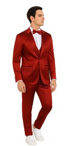 Tazzio Men's Formal Burgundy Satin Skinny Fit 3 Piece Suit with Peak Lapel Vest and Double Breasted Design