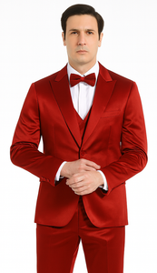 Tazzio Men's Formal Burgundy Satin Skinny Fit 3 Piece Suit with Peak Lapel Vest and Double Breasted Design