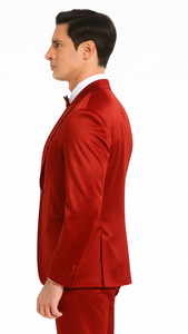 Tazzio Men's Formal Burgundy Satin Skinny Fit 3 Piece Suit with Peak Lapel Vest and Double Breasted Design