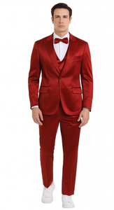 Tazzio Men's Formal Burgundy Satin Skinny Fit 3 Piece Suit with Peak Lapel Vest and Double Breasted Design