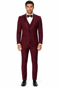Maroon Prom Suit - Maroon Prom Tuxedo Suits - Maroon Wedding Tuxedo Mens One Button Satin Trim Shawl Tuxedo in Burgundy Wool