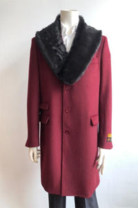 Men's Burgundy Fur Collar Two Flap Front Pockets Full Length Men's Carcoat - Car Coat Mid Length Three Quarter Length Coat