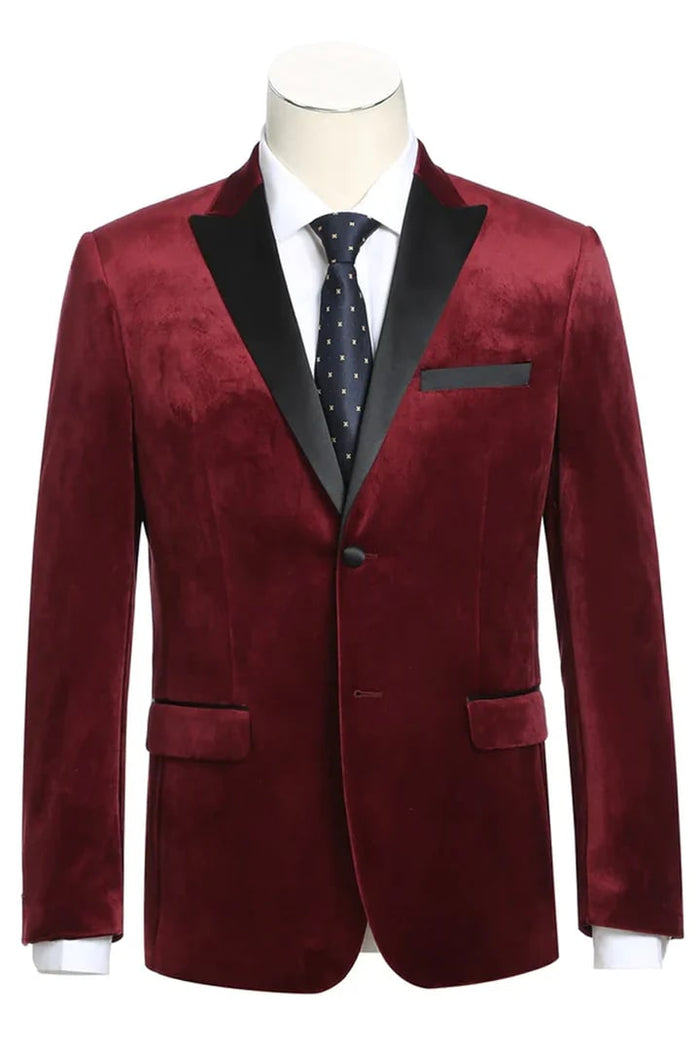 Red  Prom Tuxedo Suit - Red Wedding Suit - Mens Two Button Peak Lapel Velvet Prom Tuxedo Blazer