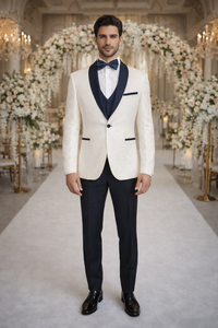 Statement White Metallic Flake Tuxedo – Navy 3-Piece Tailored-Fit