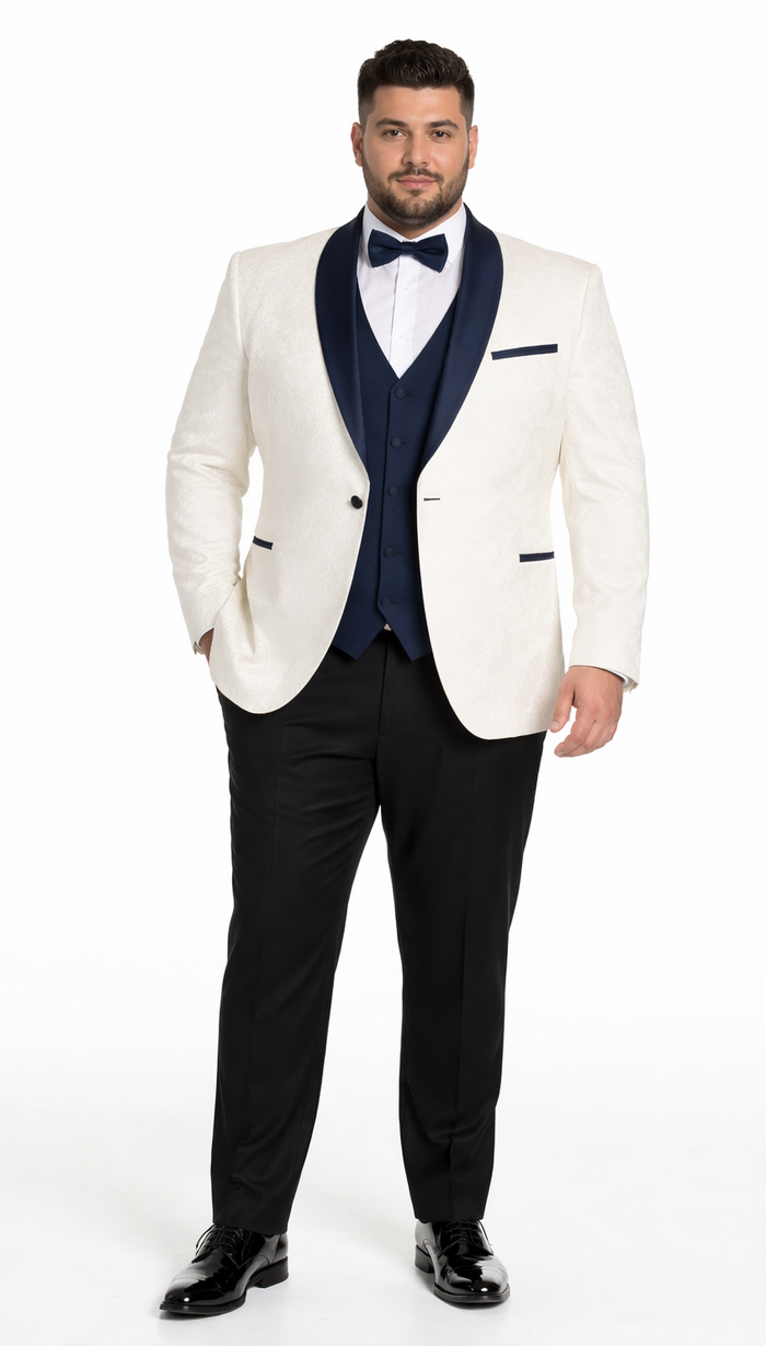 Statement White Metallic Flake Tuxedo – Navy 3-Piece Tailored-Fit